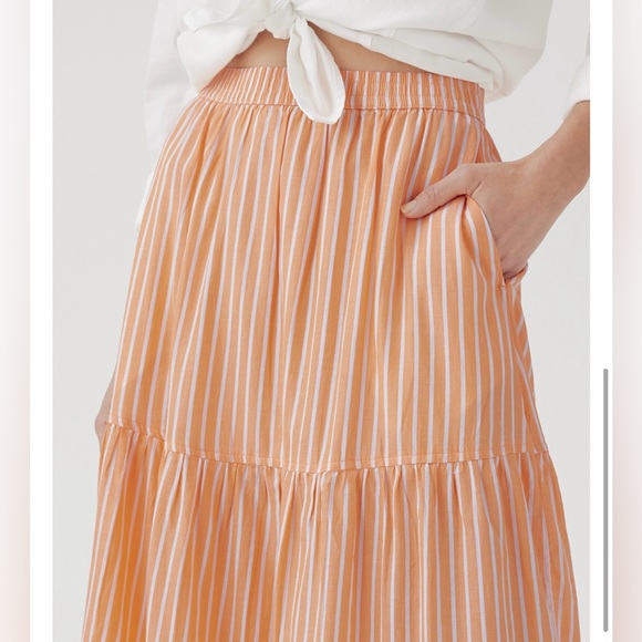 Pact Sunset Light Gauze Pull-On Citrus Stripe Tiered Midi Skirt SZ Large - Picture 3 of 15